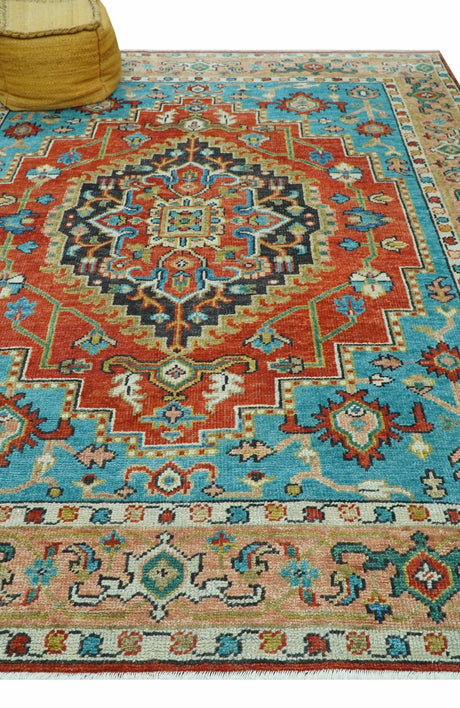 Custom Made Traditional Heriz Design Rust And Blue Hand Knotted Wool Rug