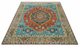 Custom Made Traditional Heriz Design Rust And Blue Hand Knotted Wool Rug