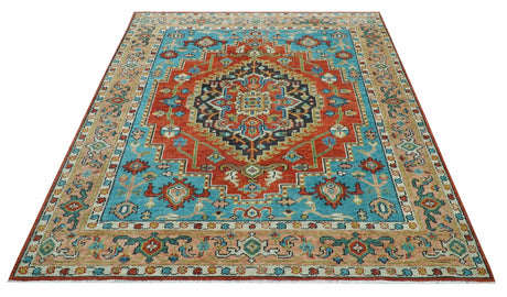 Custom Made Traditional Heriz Design Rust And Blue Hand Knotted Wool Rug