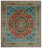 Custom Made Traditional Heriz Design Rust And Blue Hand Knotted Wool Rug