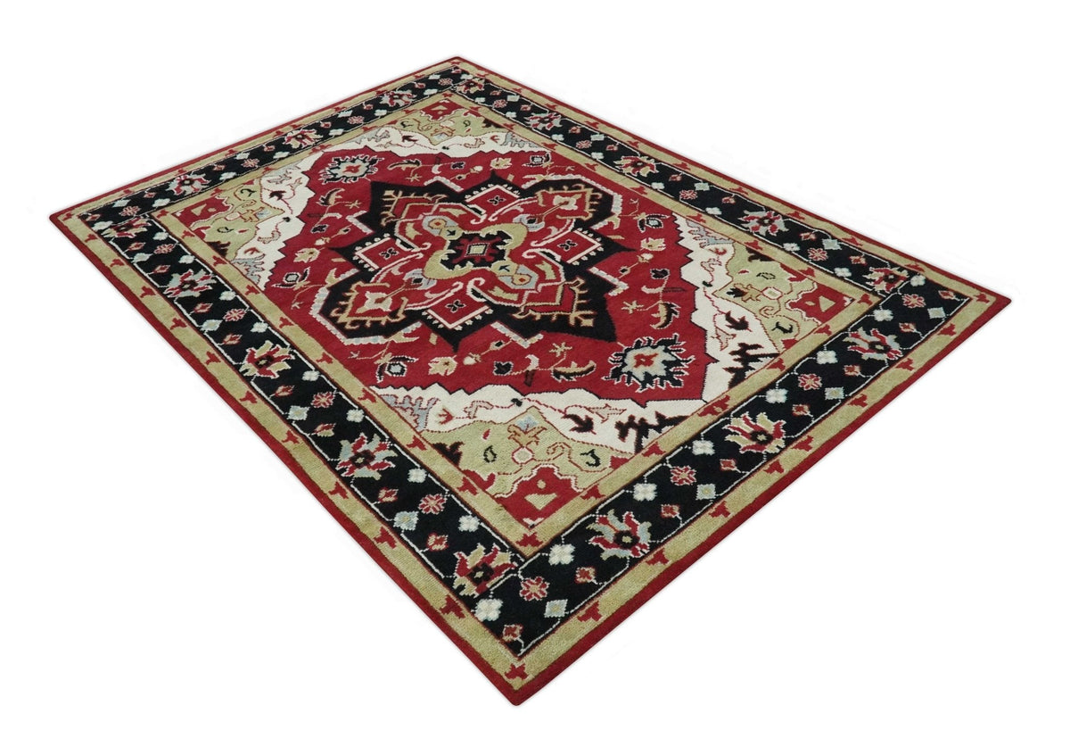 Custom Made Traditional Heriz Maroon, Olive and Black Floral Hand Knotted wool Rug