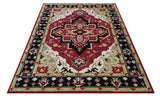 Custom Made Traditional Heriz Maroon, Olive and Black Floral Hand Knotted wool Rug