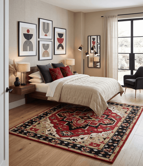 Custom Made Traditional Heriz Maroon, Olive and Black Floral Hand Knotted wool Rug