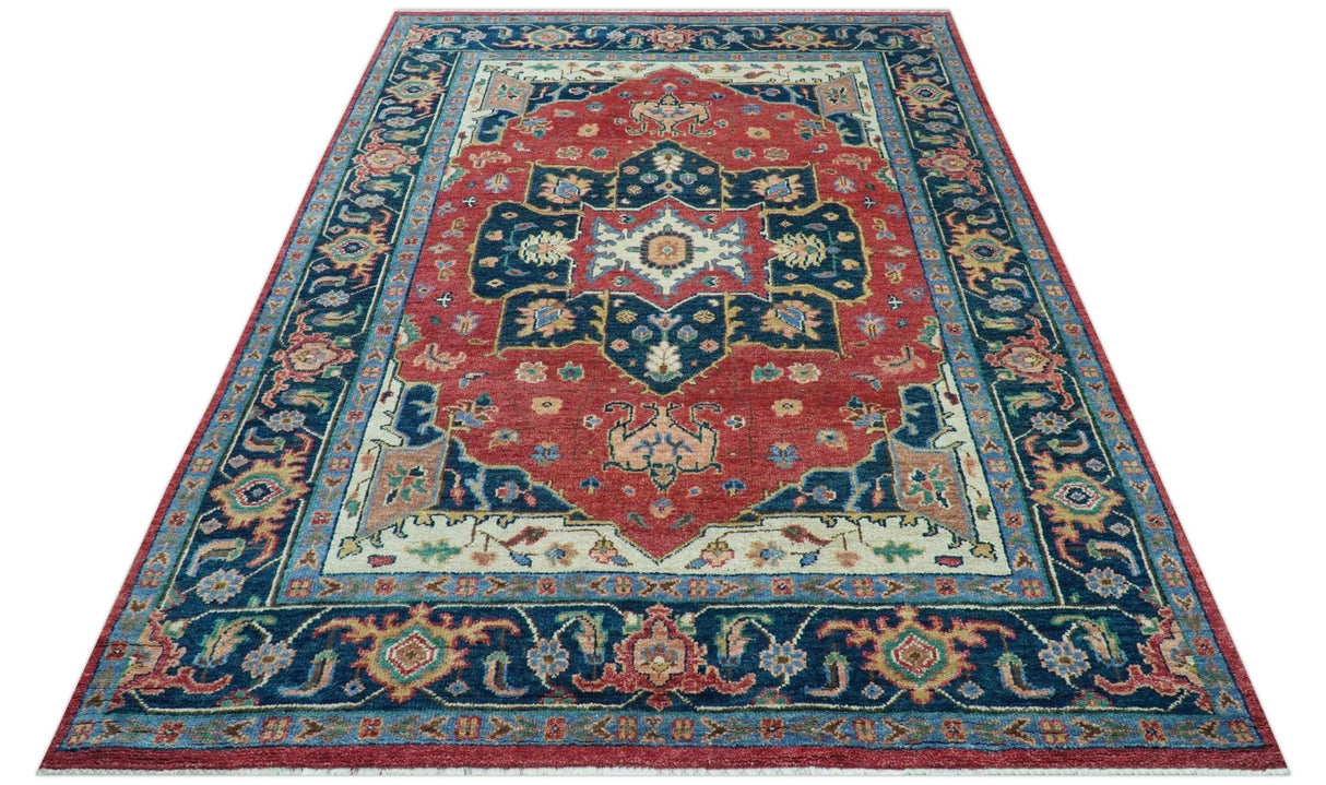 Custom Made Traditional Heriz Red And Blue Hand Knotted Wool Rug