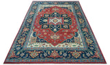 Custom Made Traditional Heriz Red And Blue Hand Knotted Wool Rug