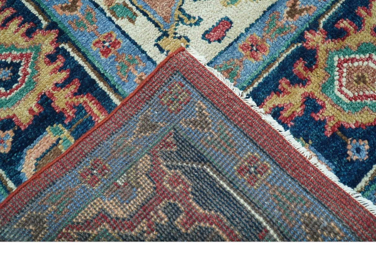 Custom Made Traditional Heriz Red And Blue Hand Knotted Wool Rug