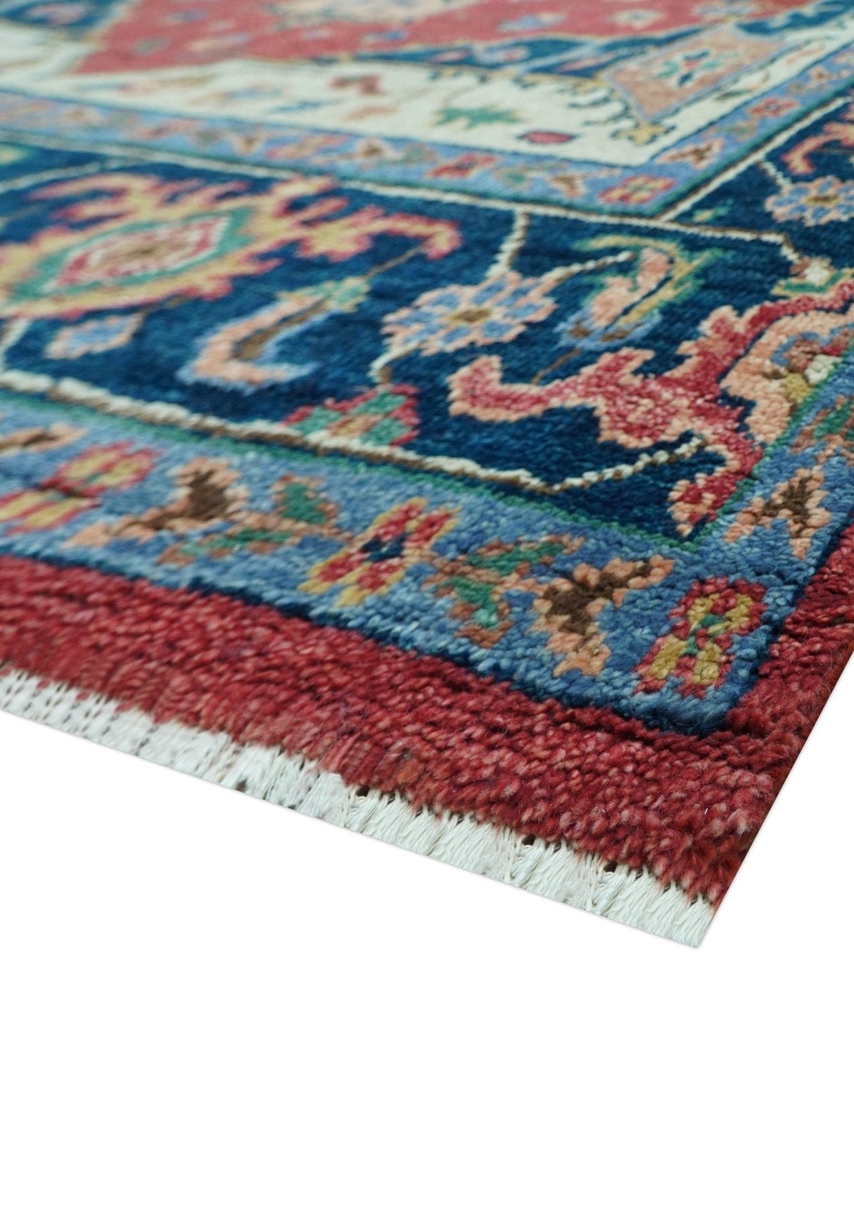 Custom Made Traditional Heriz Red And Blue Hand Knotted Wool Rug