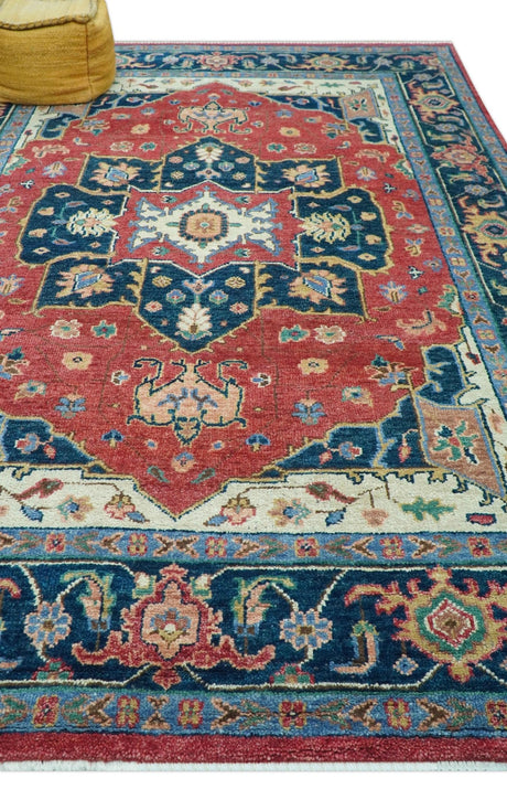 Custom Made Traditional Heriz Red And Blue Hand Knotted Wool Rug