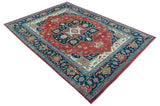 Custom Made Traditional Heriz Red And Blue Hand Knotted Wool Rug
