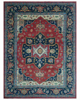 Custom Made Traditional Heriz Red And Blue Hand Knotted Wool Rug