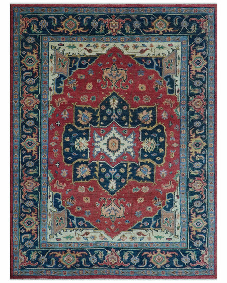 Custom Made Traditional Heriz Red And Blue Hand Knotted Wool Rug