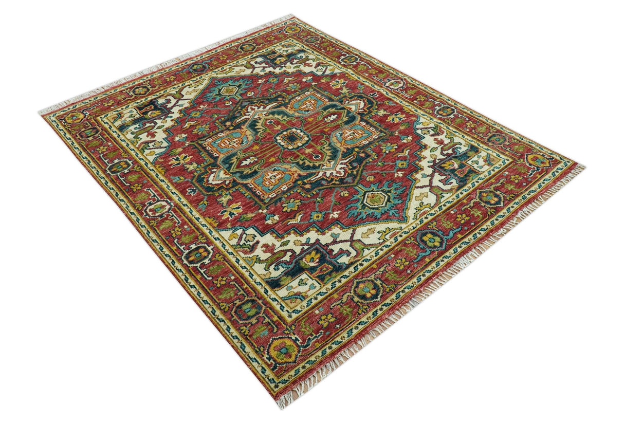 Custom Made Traditional Heriz Red And Ivory Hand Knotted Wool Rug