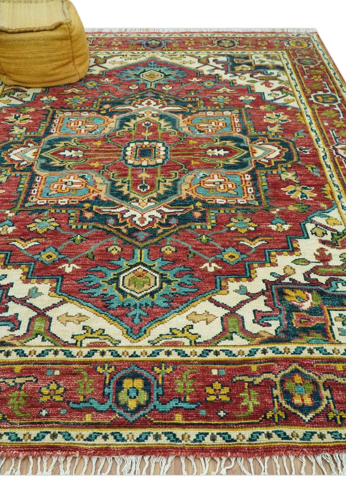 Custom Made Traditional Heriz Red And Ivory Hand Knotted Wool Rug