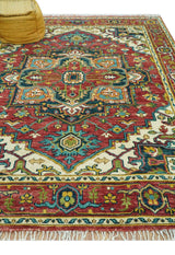 Custom Made Traditional Heriz Red And Ivory Hand Knotted Wool Rug