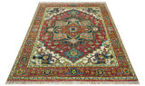 Custom Made Traditional Heriz Red And Ivory Hand Knotted Wool Rug
