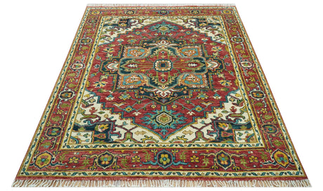 Custom Made Traditional Heriz Red And Ivory Hand Knotted Wool Rug