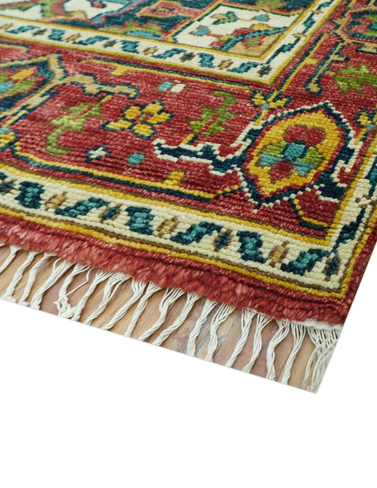 Custom Made Traditional Heriz Red And Ivory Hand Knotted Wool Rug
