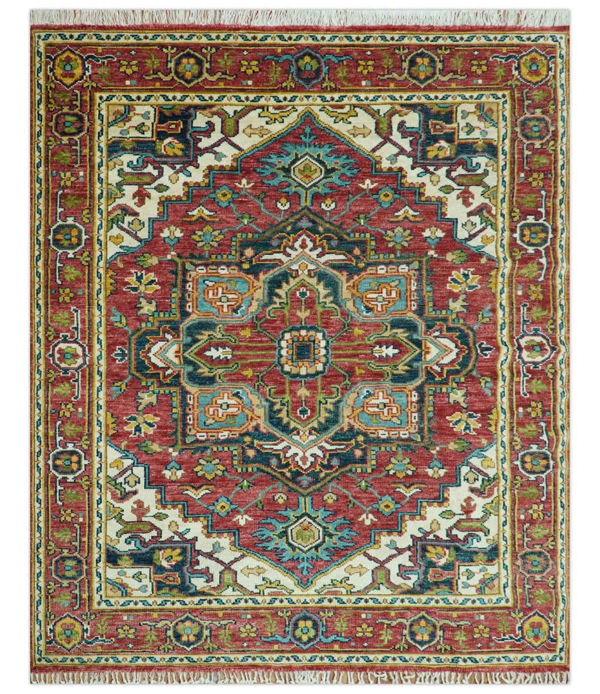 Custom Made Traditional Heriz Red And Ivory Hand Knotted Wool Rug