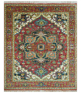 Custom Made Traditional Heriz Red And Ivory Hand Knotted Wool Rug