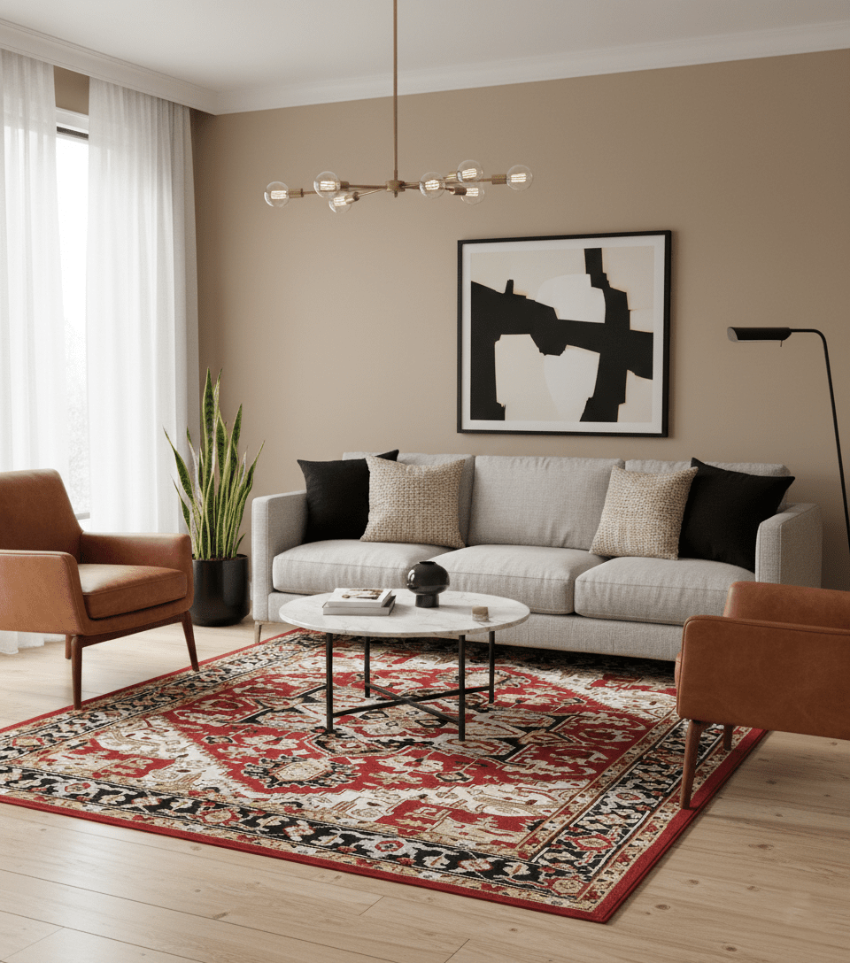 Custom Made Traditional Heriz Rust, Ivory, Black and Beige Hand knotted Medallion Wool Area Rug