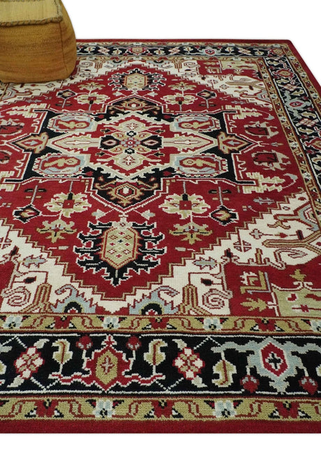 Custom Made Traditional Heriz Rust, Ivory, Black and Beige Hand knotted Medallion Wool Area Rug