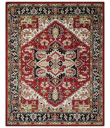 Custom Made Traditional Heriz Rust, Ivory, Black and Beige Hand knotted Medallion Wool Area Rug