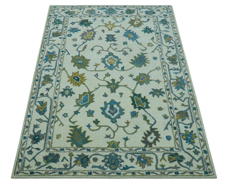 Custom Made Traditional Ivory And Blue Oushak Hand Tufted Wool Area Rug