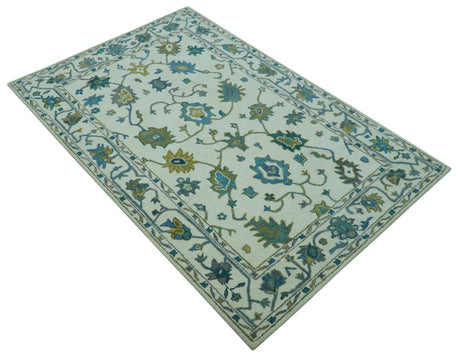 Custom Made Traditional Ivory And Blue Oushak Hand Tufted Wool Area Rug