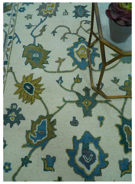 Custom Made Traditional Ivory And Blue Oushak Hand Tufted Wool Area Rug