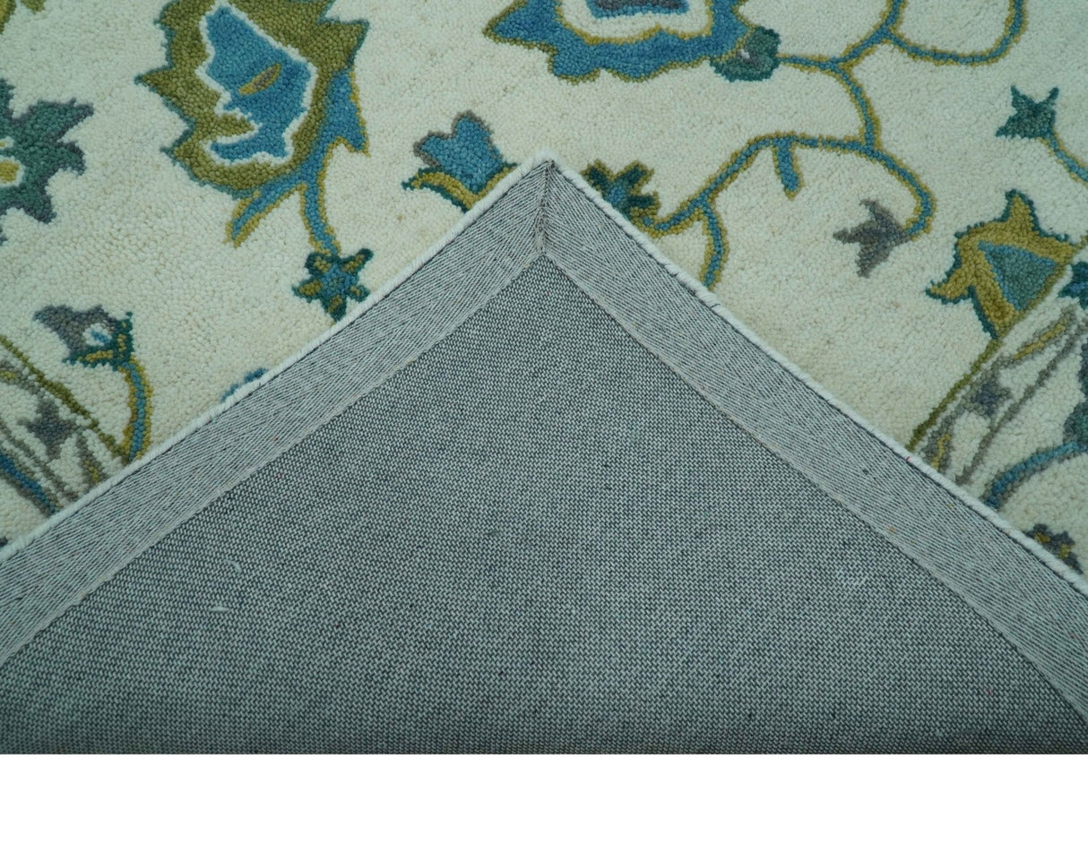 Custom Made Traditional Ivory And Blue Oushak Hand Tufted Wool Area Rug