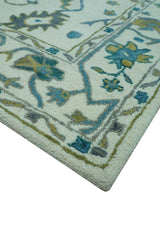 Custom Made Traditional Ivory And Blue Oushak Hand Tufted Wool Area Rug
