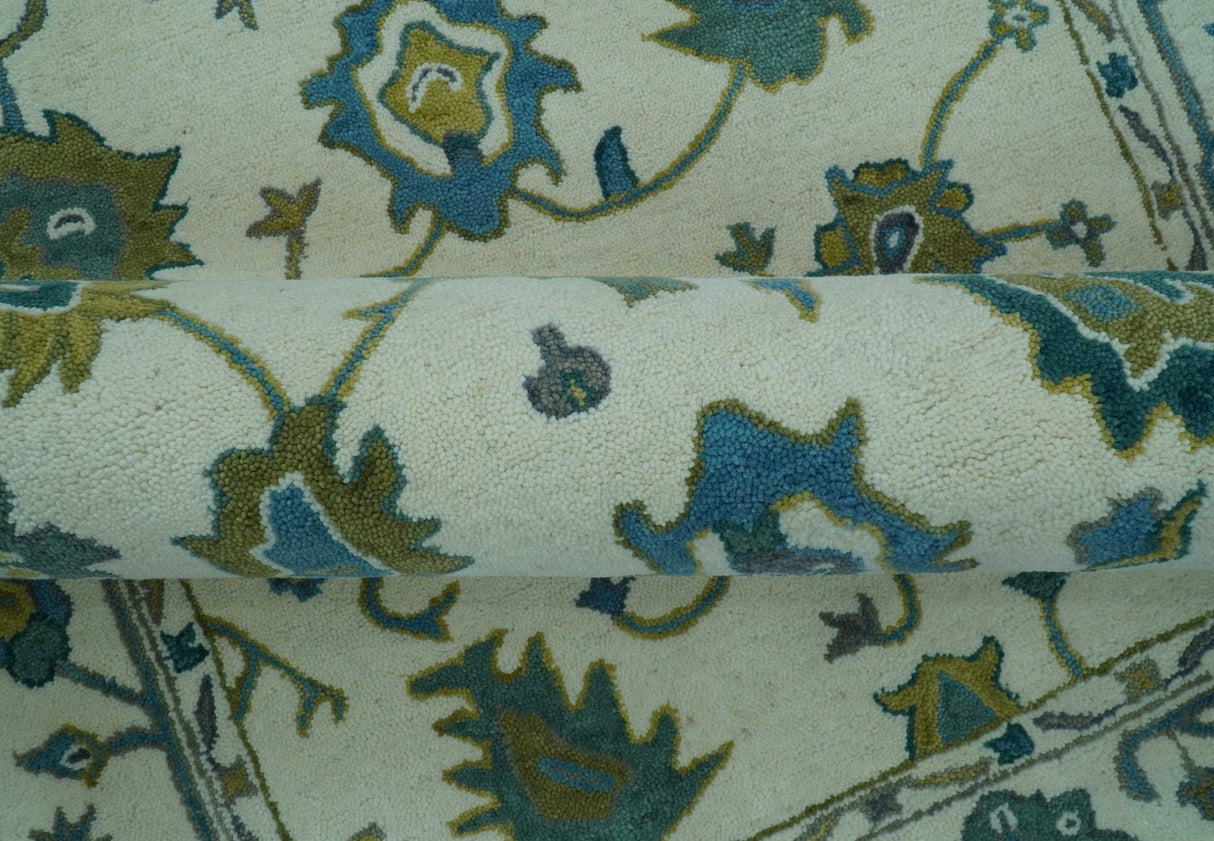 Custom Made Traditional Ivory And Blue Oushak Hand Tufted Wool Area Rug