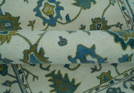 Custom Made Traditional Ivory And Blue Oushak Hand Tufted Wool Area Rug