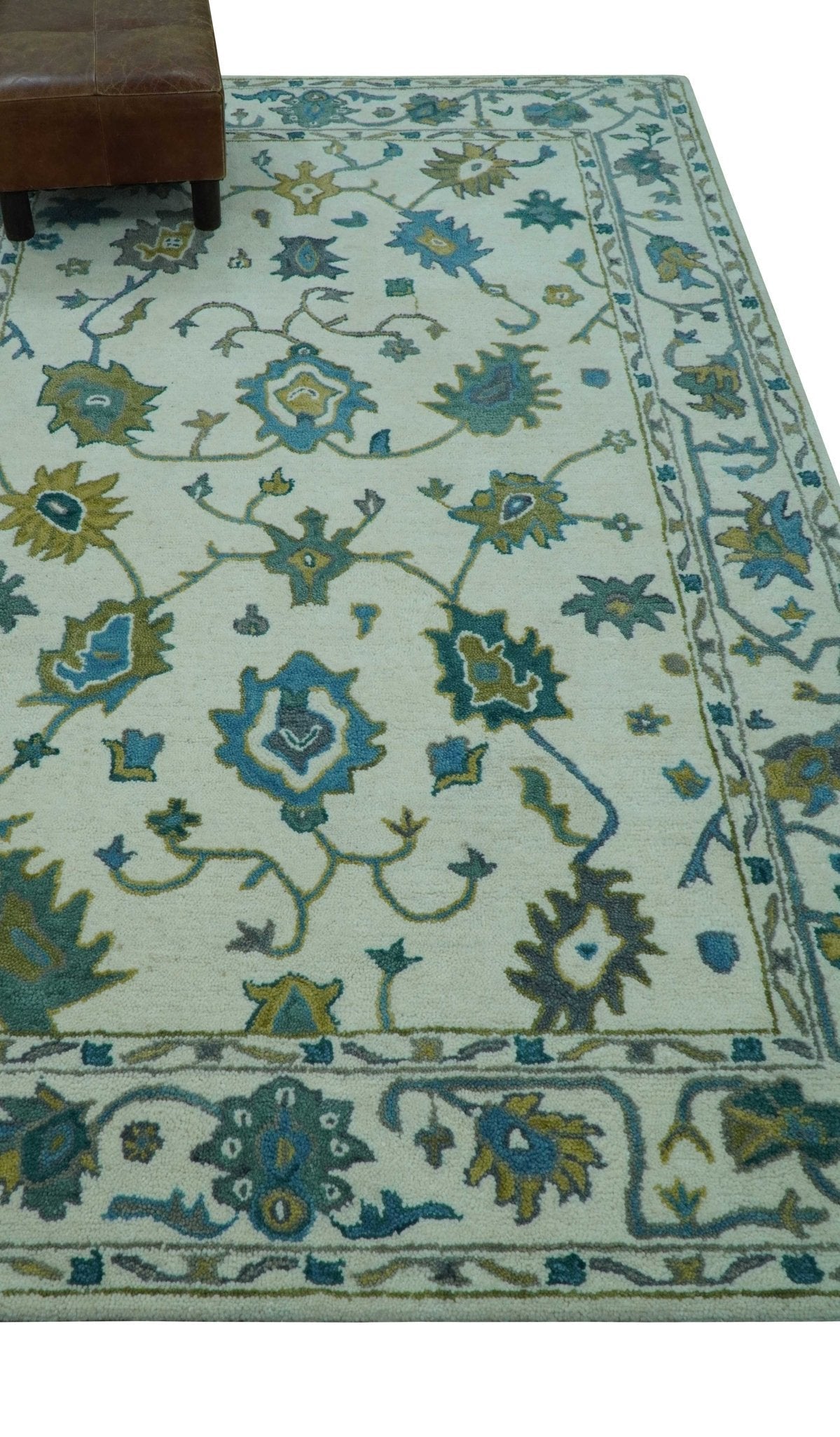 Custom Made Traditional Ivory And Blue Oushak Hand Tufted Wool Area Rug