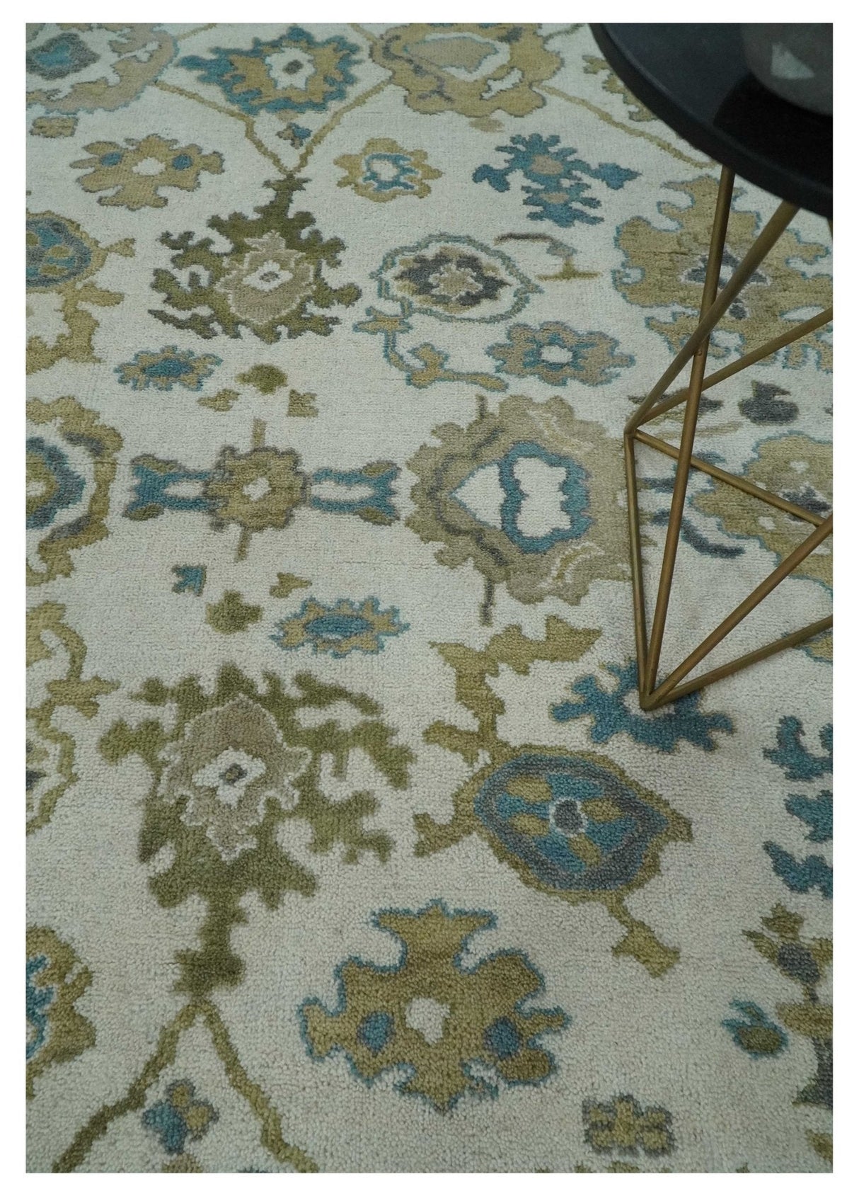 Custom Made Traditional Ivory and Charcoal Hand knotted Oushak Wool Area Rug