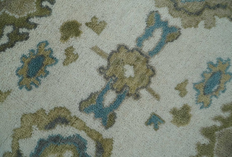 Custom Made Traditional Ivory and Charcoal Hand knotted Oushak Wool Area Rug