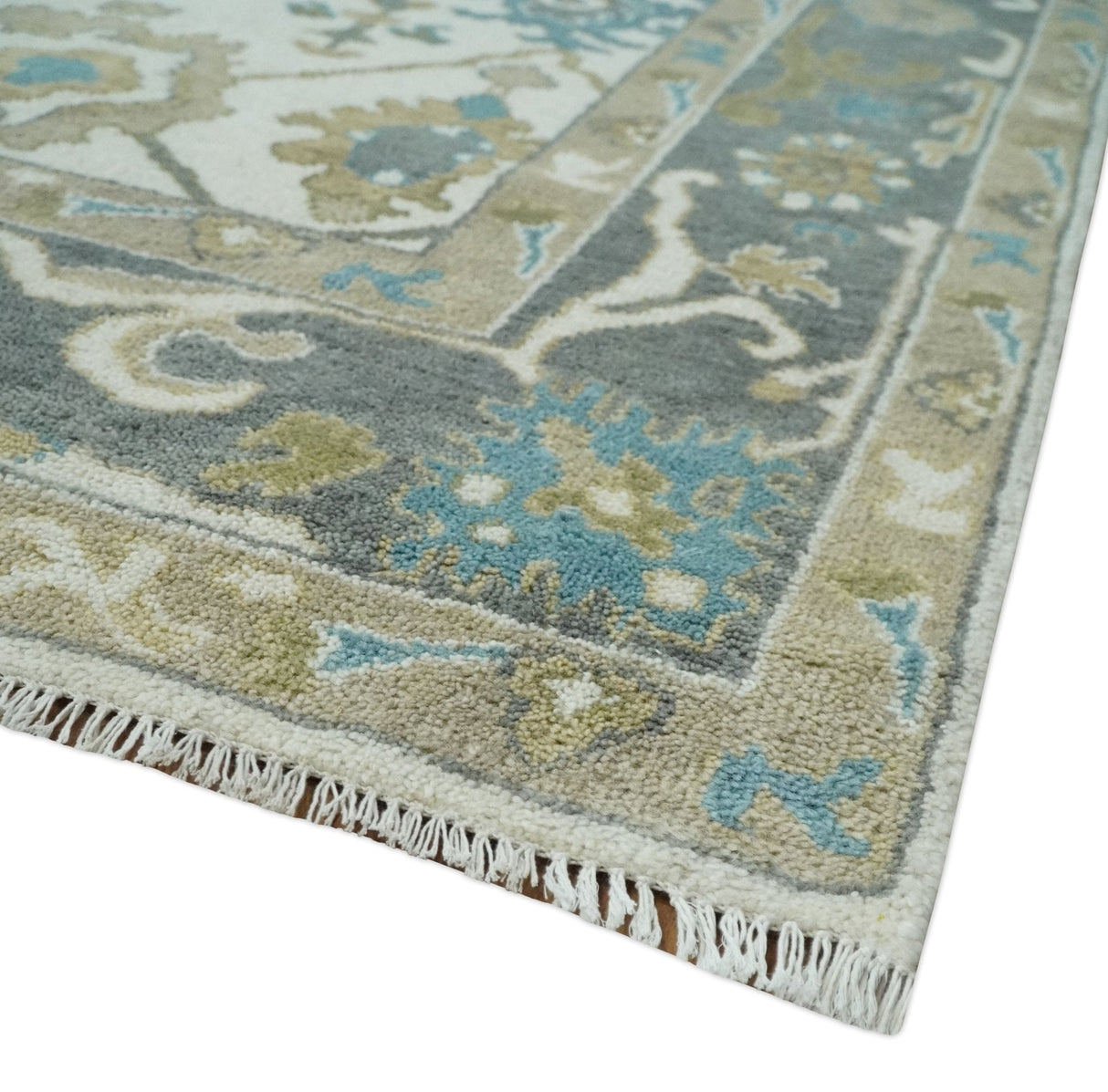 Custom Made Traditional Ivory and Charcoal Hand knotted Oushak Wool Area Rug