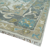 Custom Made Traditional Ivory and Charcoal Hand knotted Oushak Wool Area Rug