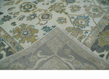 Custom Made Traditional Ivory and Charcoal Hand knotted Oushak Wool Area Rug
