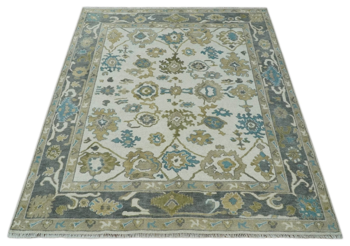 Custom Made Traditional Ivory and Charcoal Hand knotted Oushak Wool Area Rug