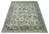 Custom Made Traditional Ivory and Charcoal Hand knotted Oushak Wool Area Rug