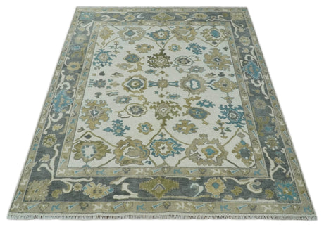 Custom Made Traditional Ivory and Charcoal Hand knotted Oushak Wool Area Rug