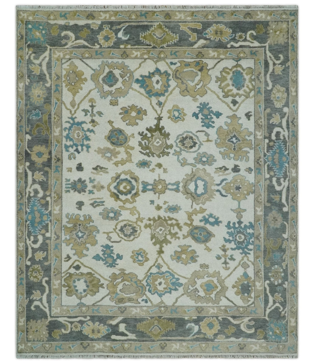 Custom Made Traditional Ivory and Charcoal Hand knotted Oushak Wool Area Rug