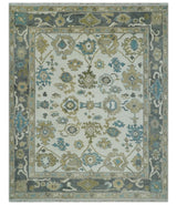 Custom Made Traditional Ivory and Charcoal Hand knotted Oushak Wool Area Rug