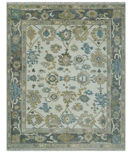 Custom Made Traditional Ivory and Charcoal Hand knotted Oushak Wool Area Rug