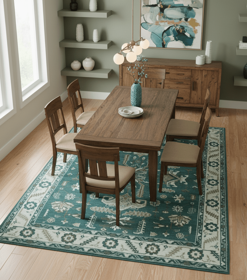 Custom Made Traditional Mamluk Design Teal, Ivory and Brown Hand Knotted wool Area Rug
