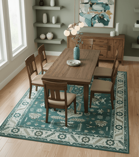Custom Made Traditional Mamluk Design Teal, Ivory and Brown Hand Knotted wool Area Rug