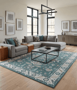 Custom Made Traditional Mamluk Design Teal, Ivory and Brown Hand Knotted wool Area Rug