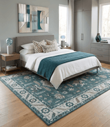 Custom Made Traditional Mamluk Design Teal, Ivory and Brown Hand Knotted wool Area Rug