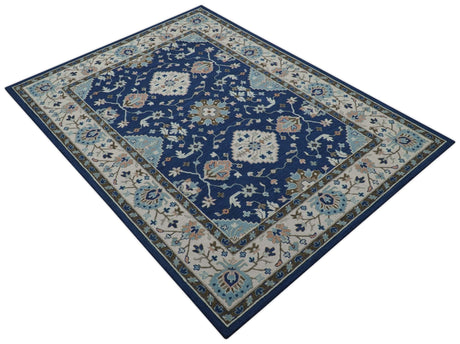Custom Made Traditional Oriental Design Blue And Beige Hand-Tufted Wool Area Rug